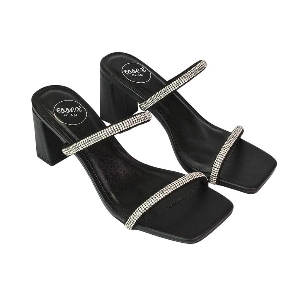 Black - Pack Shot - XY London Womens-Ladies Holden Diamante Square Toe Medium Block Mules