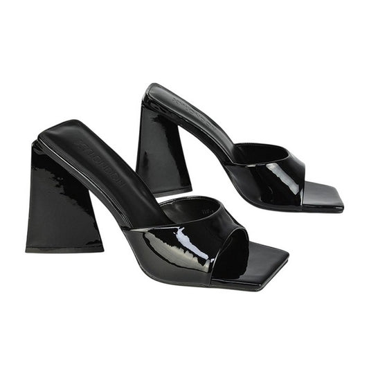 Black - Front - XY London Womens-Ladies Gracia Sculptured Patent Leather Peep Toe Flared Block Heel Mules