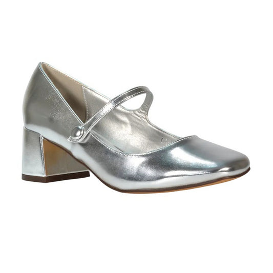 Metallic Silver - Front - XY London Womens-Ladies Leneka Metallic Ankle Strap Low Block Heel Court Pumps