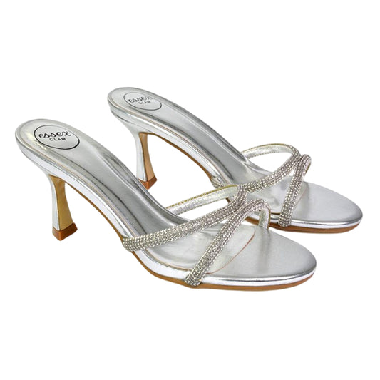 Metallic Silver - Front - XY London Womens-Ladies Abby Metallic Diamante Strappy Stiletto Heel Mules