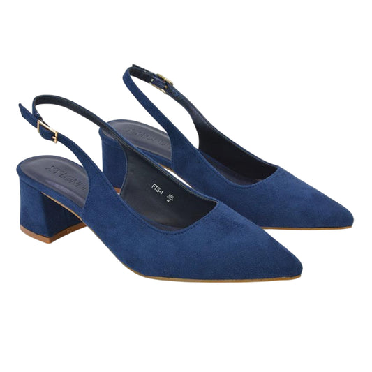 Navy - Front - XY London Womens-Ladies Faux Suede Sling Back Low Block Heel Court Shoes