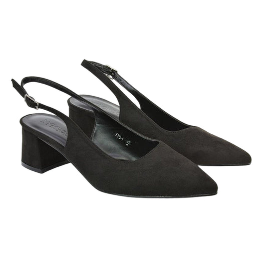 Jet Black - Front - XY London Womens-Ladies Faux Suede Sling Back Low Block Heel Court Shoes