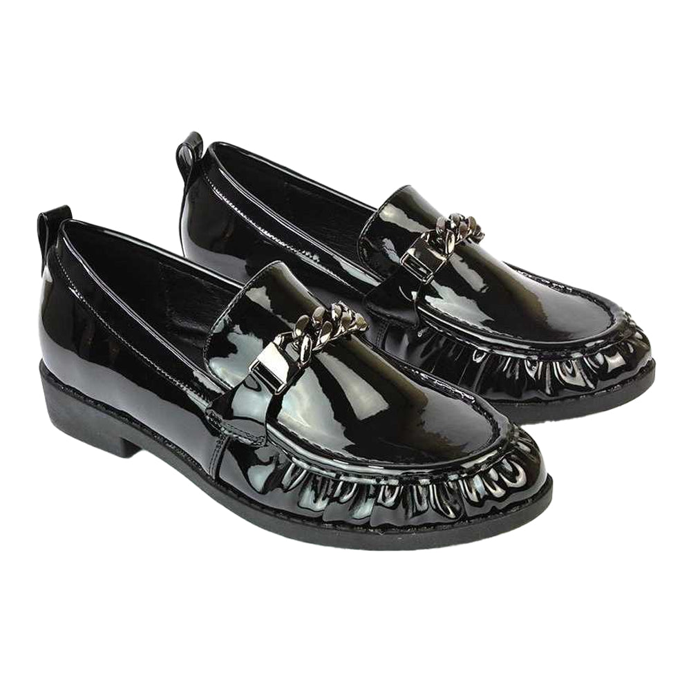 True Black - Pack Shot - XY London Womens-Ladies Heidi Chain Detail Patent Leather Ruched Loafers