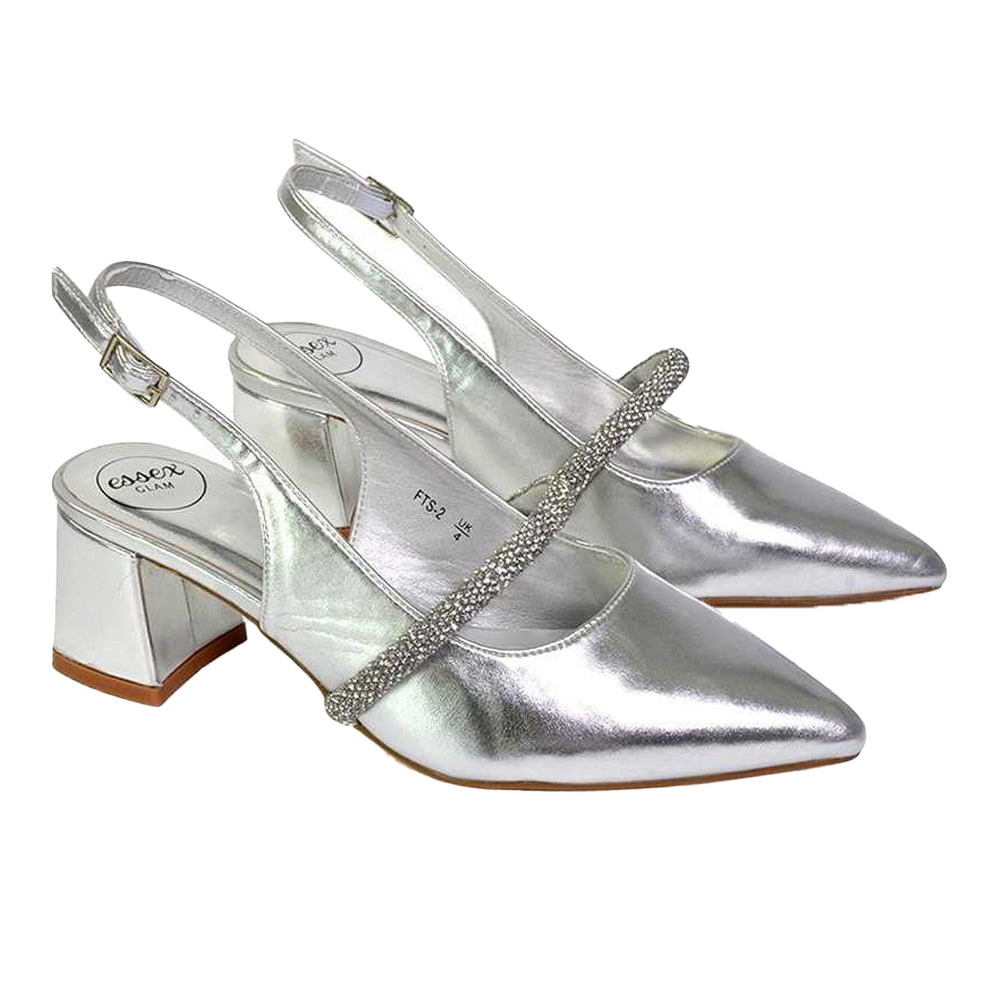 Metallic Silver - Lifestyle - XY London Womens-Ladies Sandie Diamante Pointed Medium Block Heel High Heels