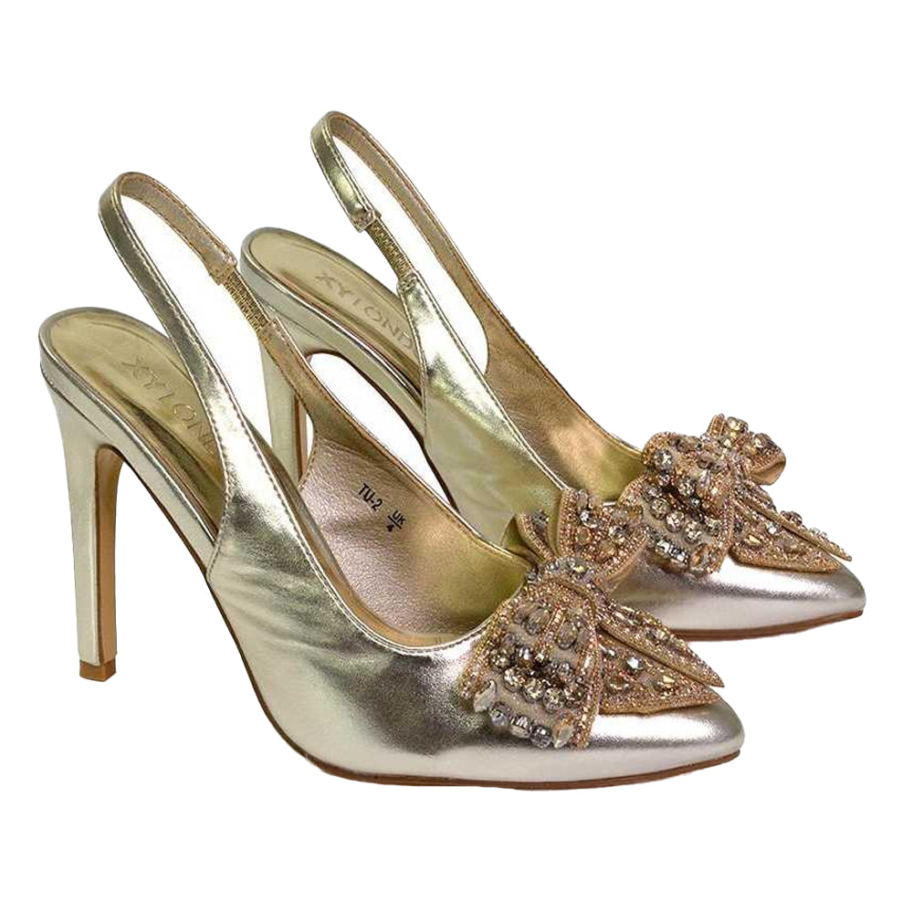 Metallic Gold - Pack Shot - XY London Womens-Ladies Felicity Bow Diamante Sling Back Stiletto Heel Court Shoes