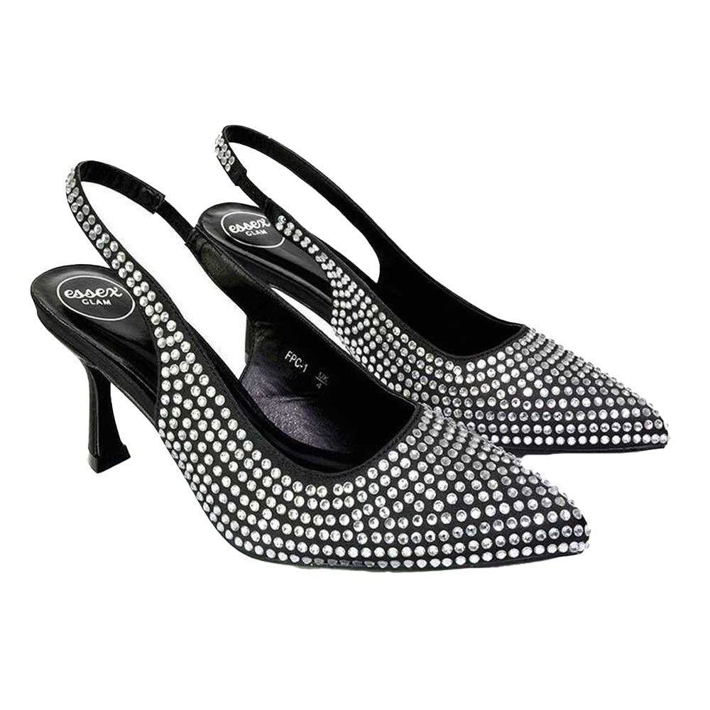Black - Pack Shot - XY London Womens-Ladies Gayna Diamante Sling Back Bridal Mid Stiletto Court Shoes
