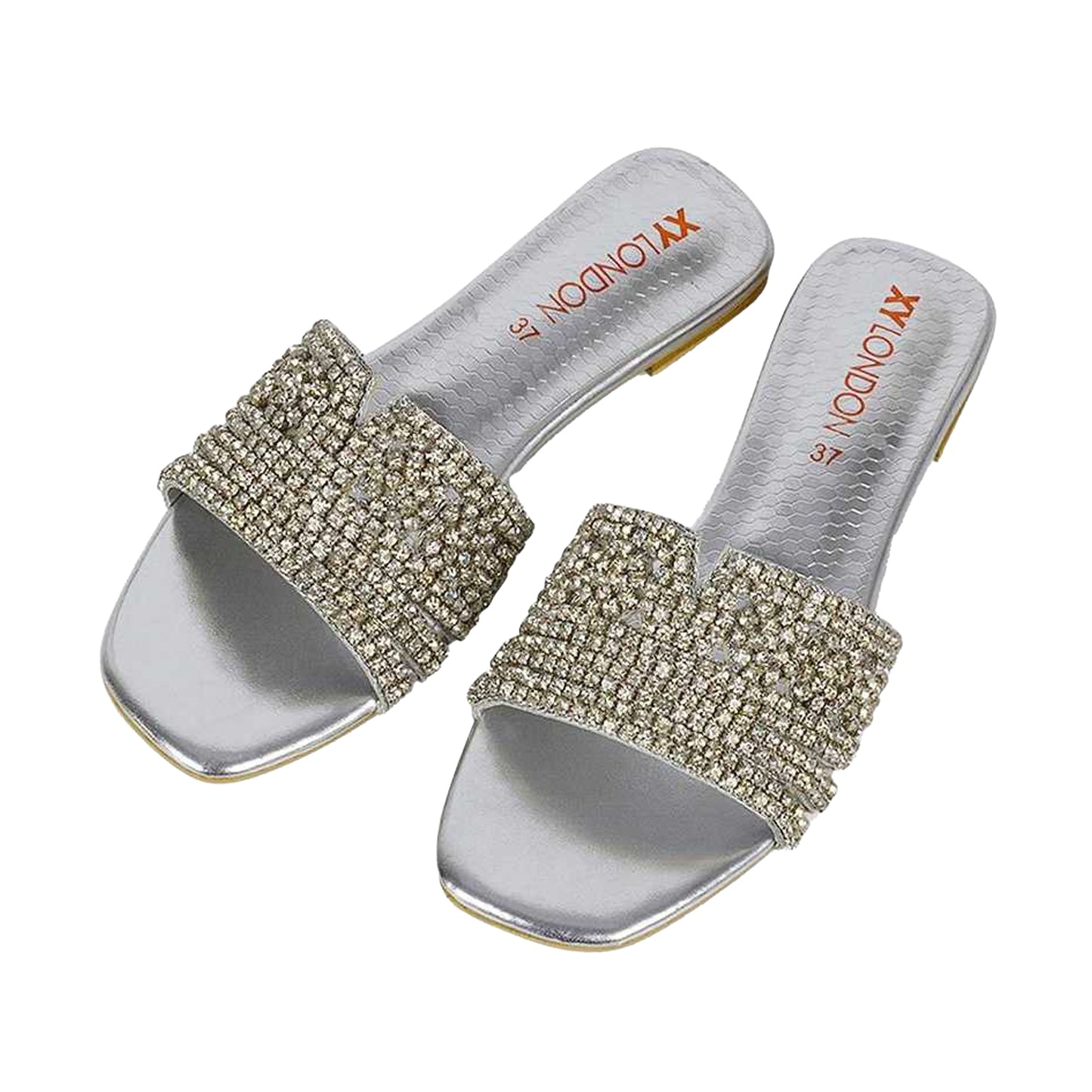 Silver - Lifestyle - XY London Womens-Ladies Sam Diamante Sparkly Square Toe Cut Out Flat Sandals