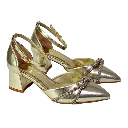 Metallic Gold - Front - XY London Womens-Ladies Sarah Ankle Strap Medium Block Heel Court Shoes