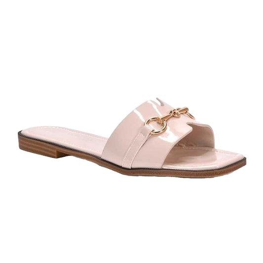 Nude - Front - XY London Womens-Ladies Lesley Patent Square Toe Buckle Detail Sliders