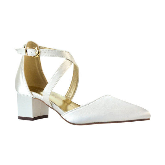 Ivory - Front - XY London Womens-Ladies Cynthia Ankle Strap Mid Block Heel Court Shoes