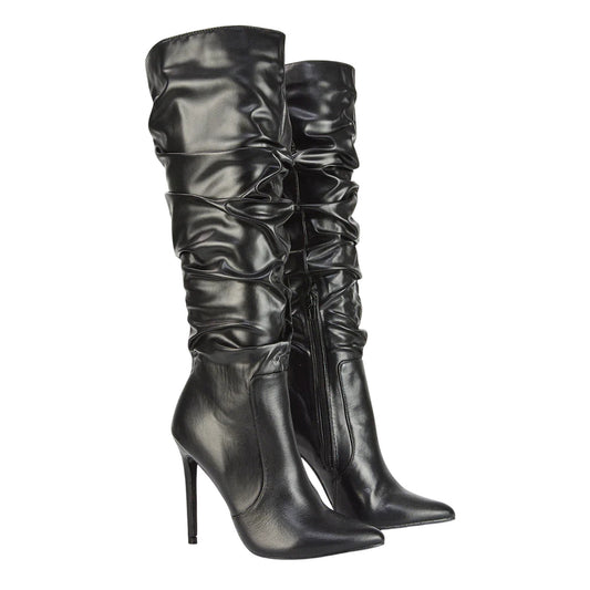 Black - Front - XY London Womens-Ladies Ruched Pointed Stiletto Heel Knee-High Boots
