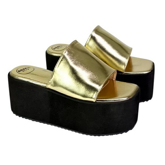 Metallic Gold - Front - XY London Womens-Ladies Kaiya Metallic Flatform Sliders