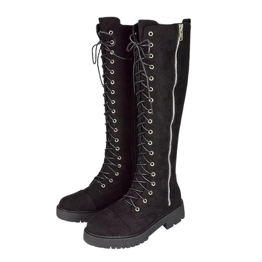 Jet Black - Front - XY London Womens-Ladies Ada Chunky Lace Up Knee-High Boots