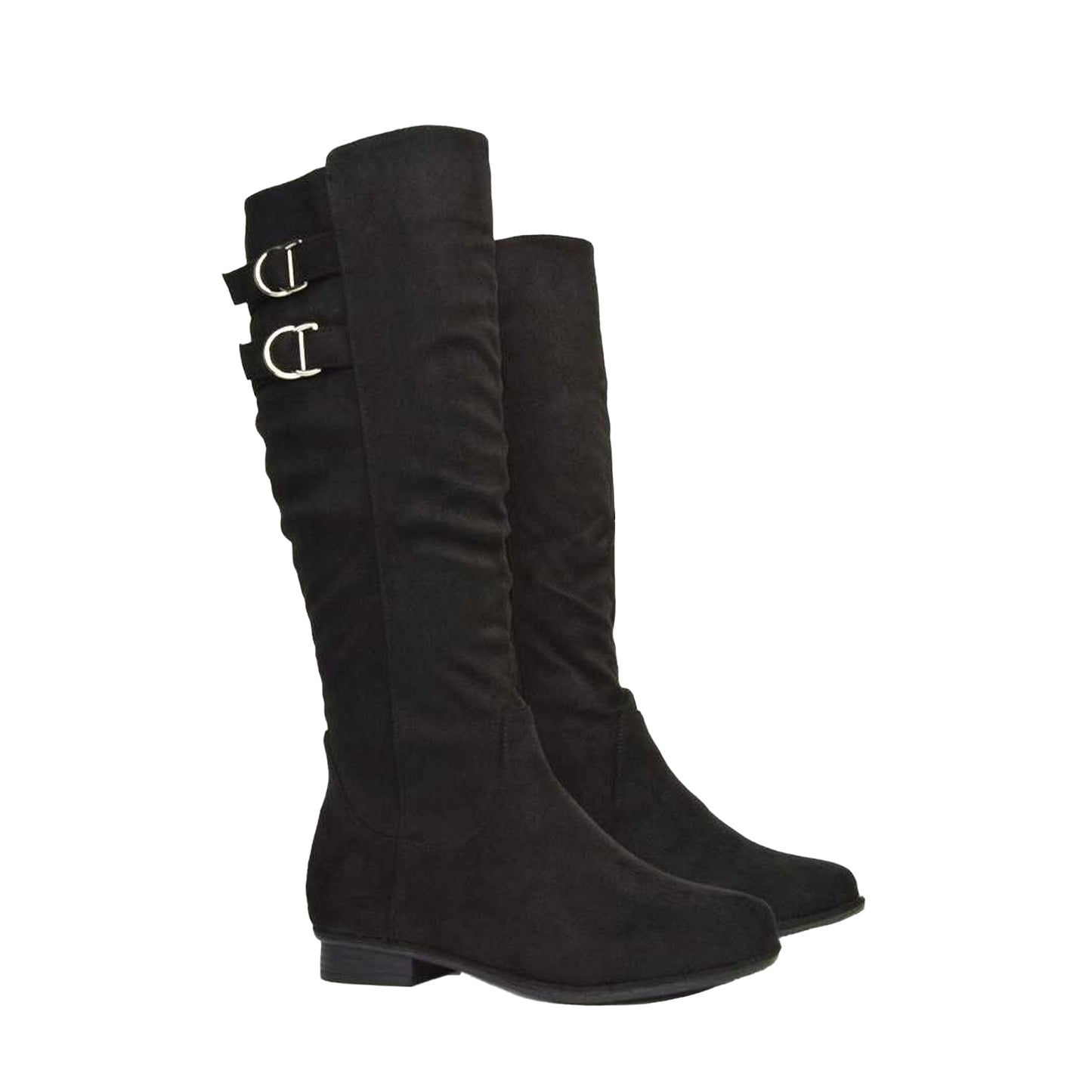 Jet Black - Close up - XY London Womens-Ladies Mia Buckle Detail Slouch Flat Knee-High Boots