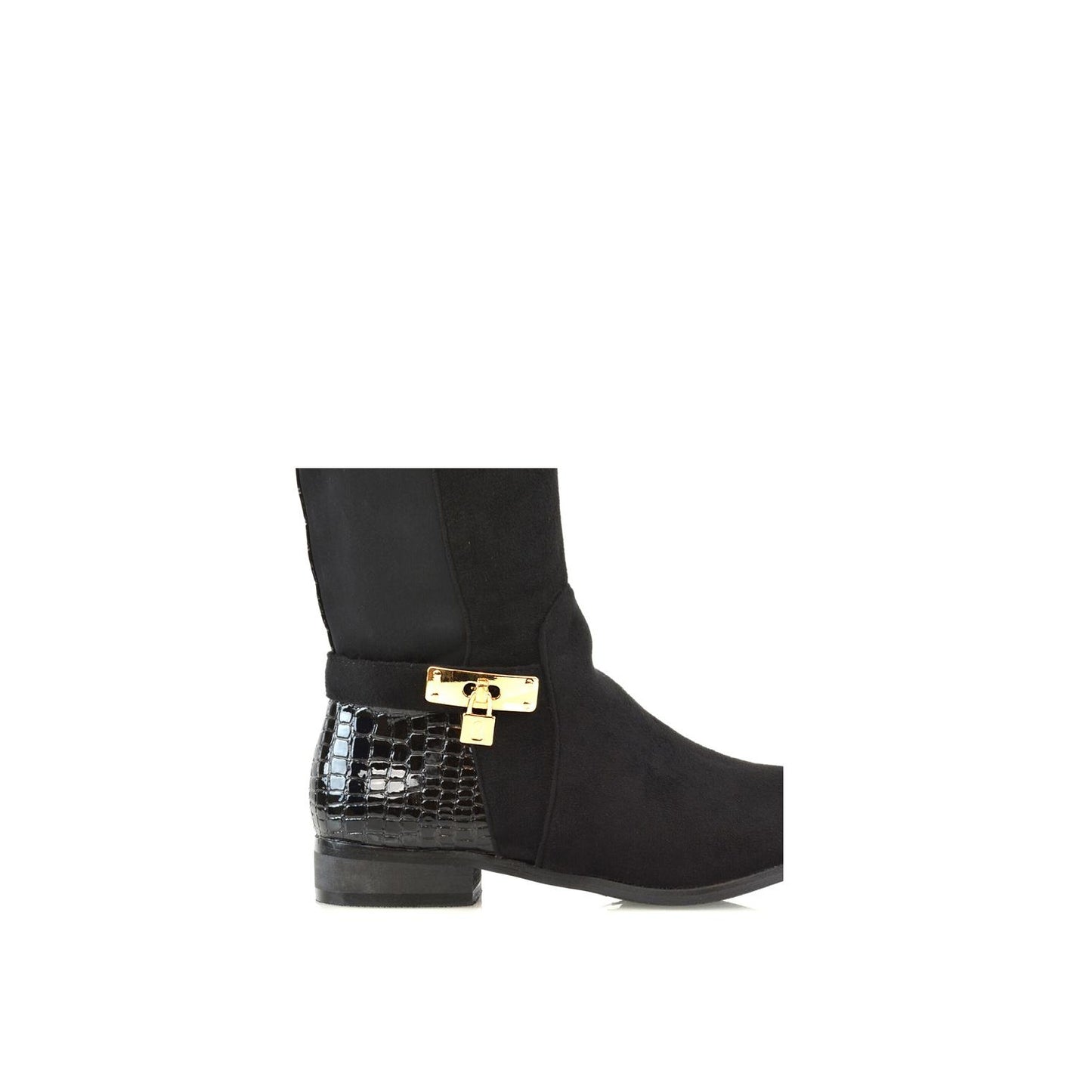 Jet Black - Pack Shot - XY London Womens-Ladies Bella Crocodile Print Zip Elasticated Flat Thigh-High Boots