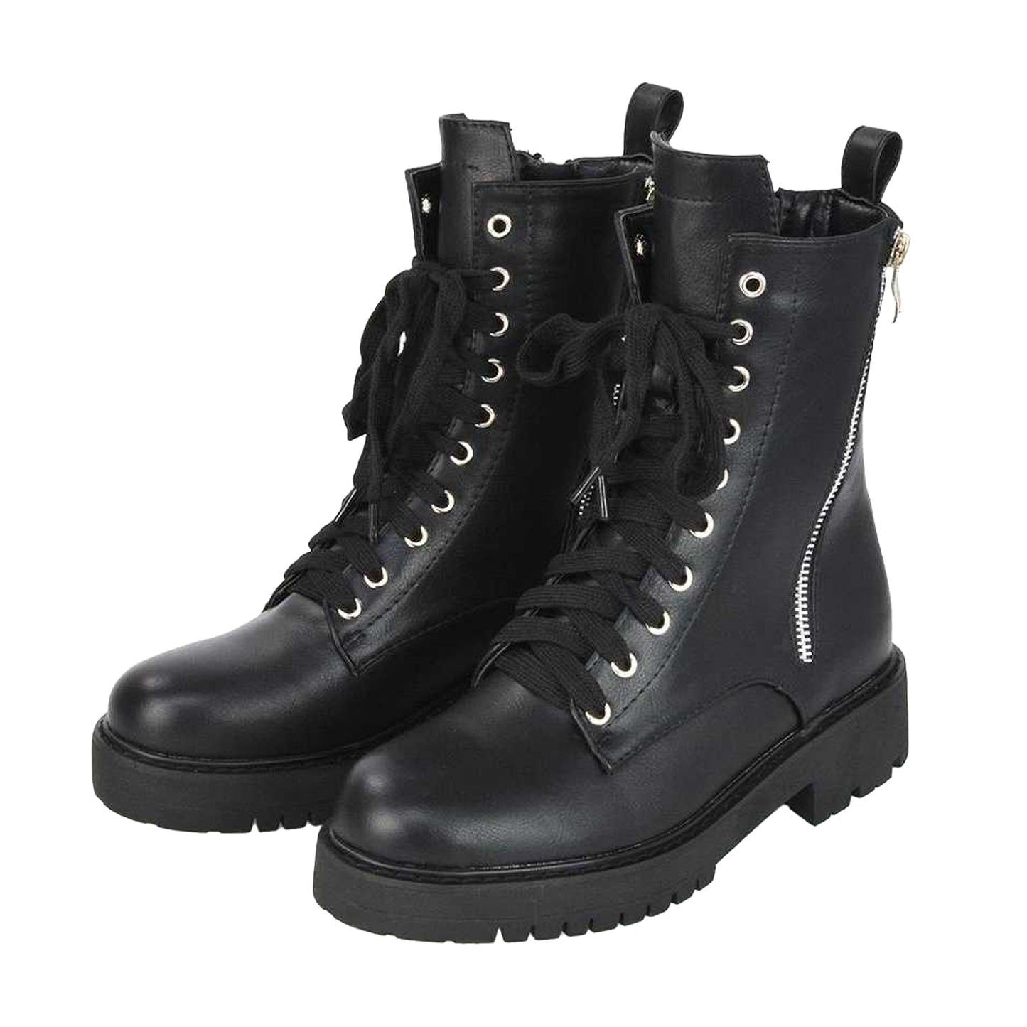 Black - Pack Shot - XY London Womens-Ladies Bianca Military Chunky Flat Combat Boots