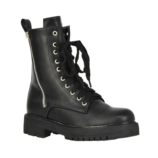 Black - Front - XY London Womens-Ladies Bianca Military Chunky Flat Combat Boots