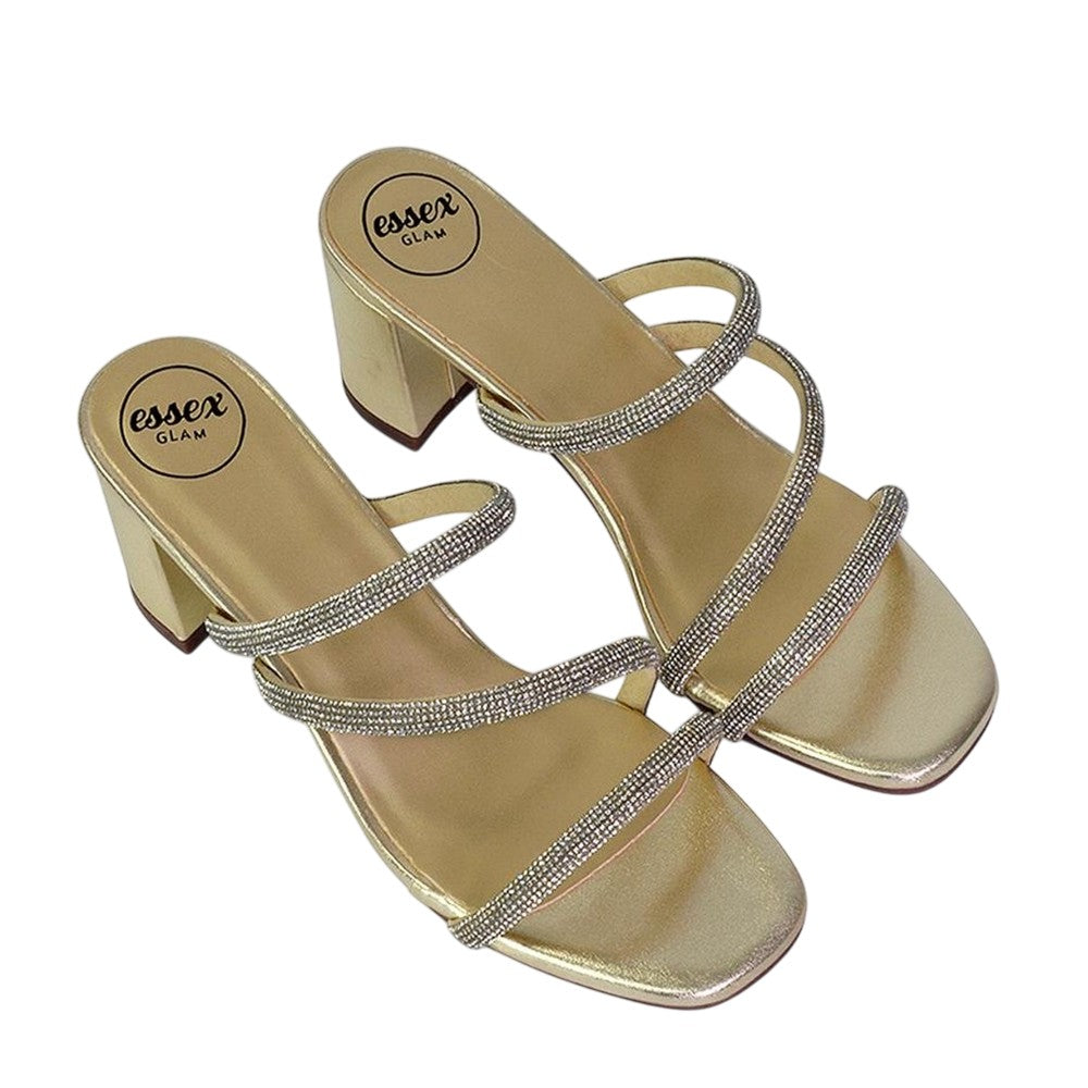 Metallic Gold - Pack Shot - XY London Womens-Ladies Mckenna Diamante Strappy Block Heel Mules