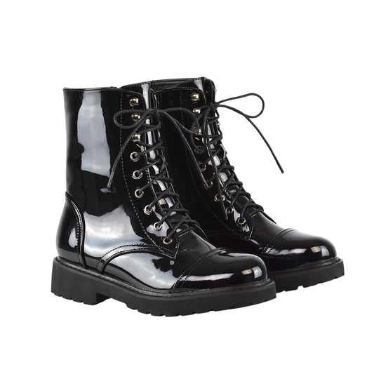 True Black - Front - XY London Womens-Ladies Patent Lace Up Military Combat Boots