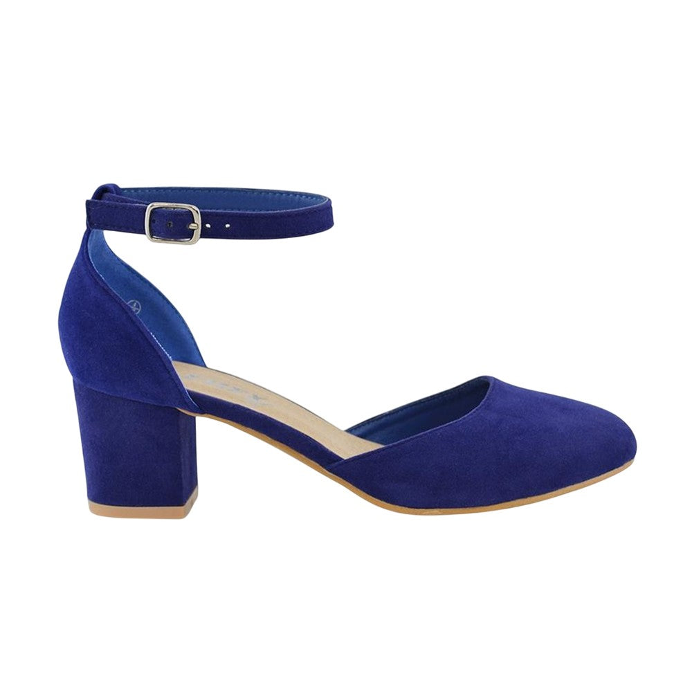 Navy - Side - XY London Womens-Ladies Billie-May Chunky Strappy Mid Block Heel Court Shoes
