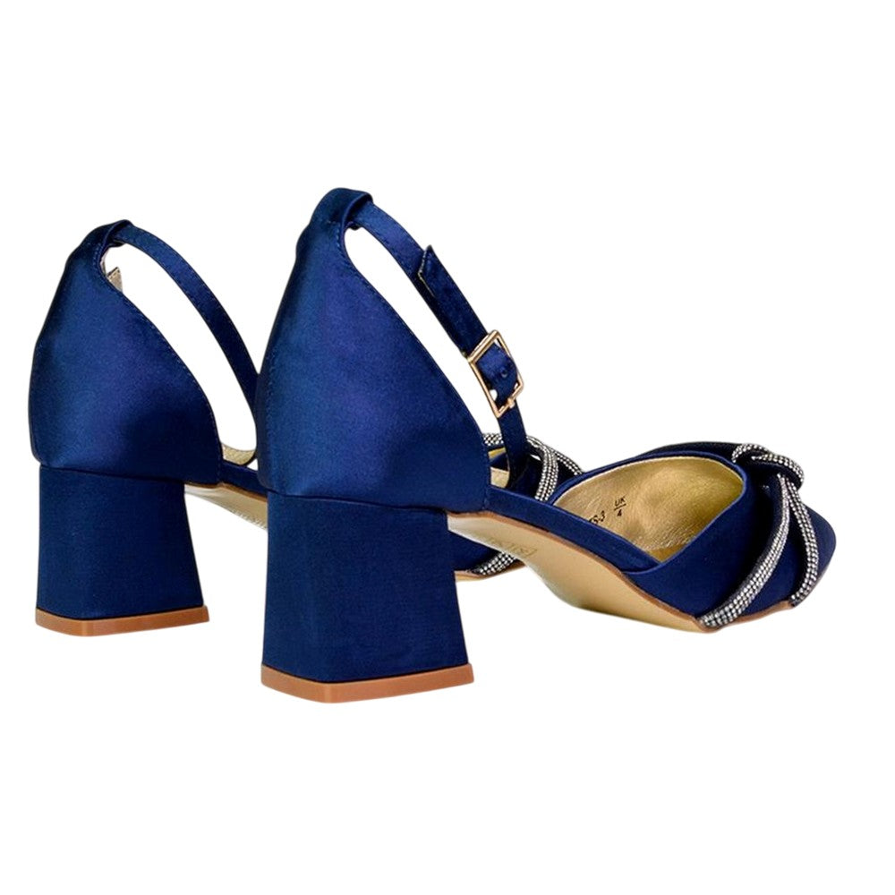 Navy - Pack Shot - XY London Womens-Ladies Sarah Diamante Pointed Mid Block Heel Court Shoes