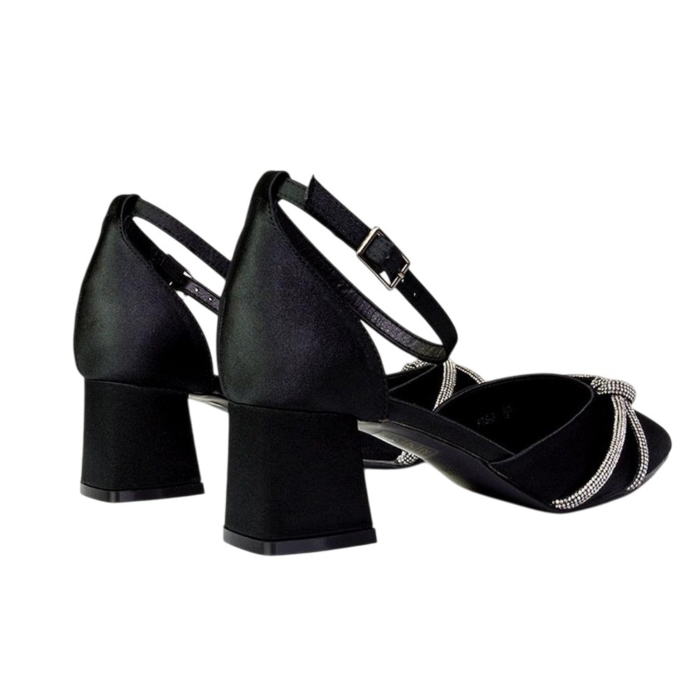 Black - Pack Shot - XY London Womens-Ladies Sarah Diamante Pointed Mid Block Heel Court Shoes