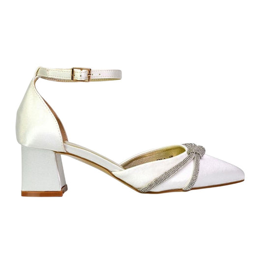 Ivory - Front - XY London Womens-Ladies Sarah Diamante Pointed Mid Block Heel Court Shoes