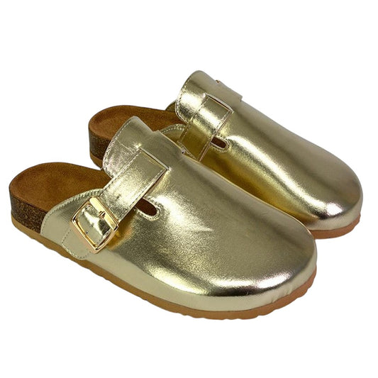 Gold - Front - XY London Womens-Ladies Lucy Metallic Cork Slip-on Mules