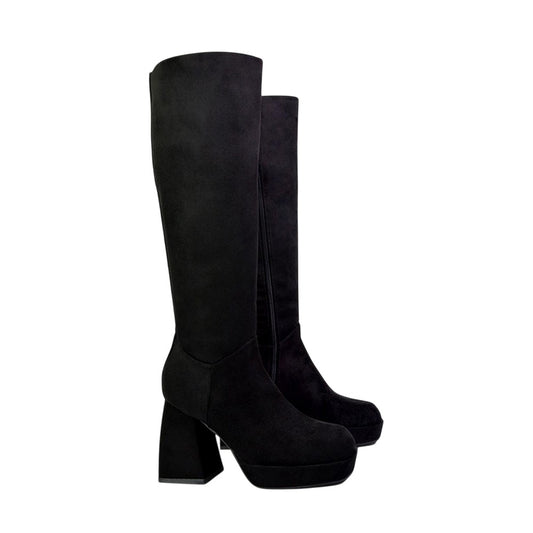 Jet Black - Front - XY London Womens-Ladies Wren Flare Block Knee-High Boots