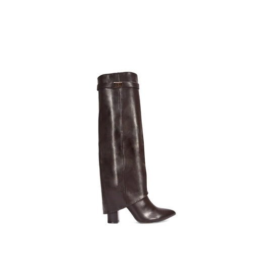 Dark Brown - Front - XY London Womens-Ladies Rayna Fold Over Pointed Block Heel Knee-High Boots