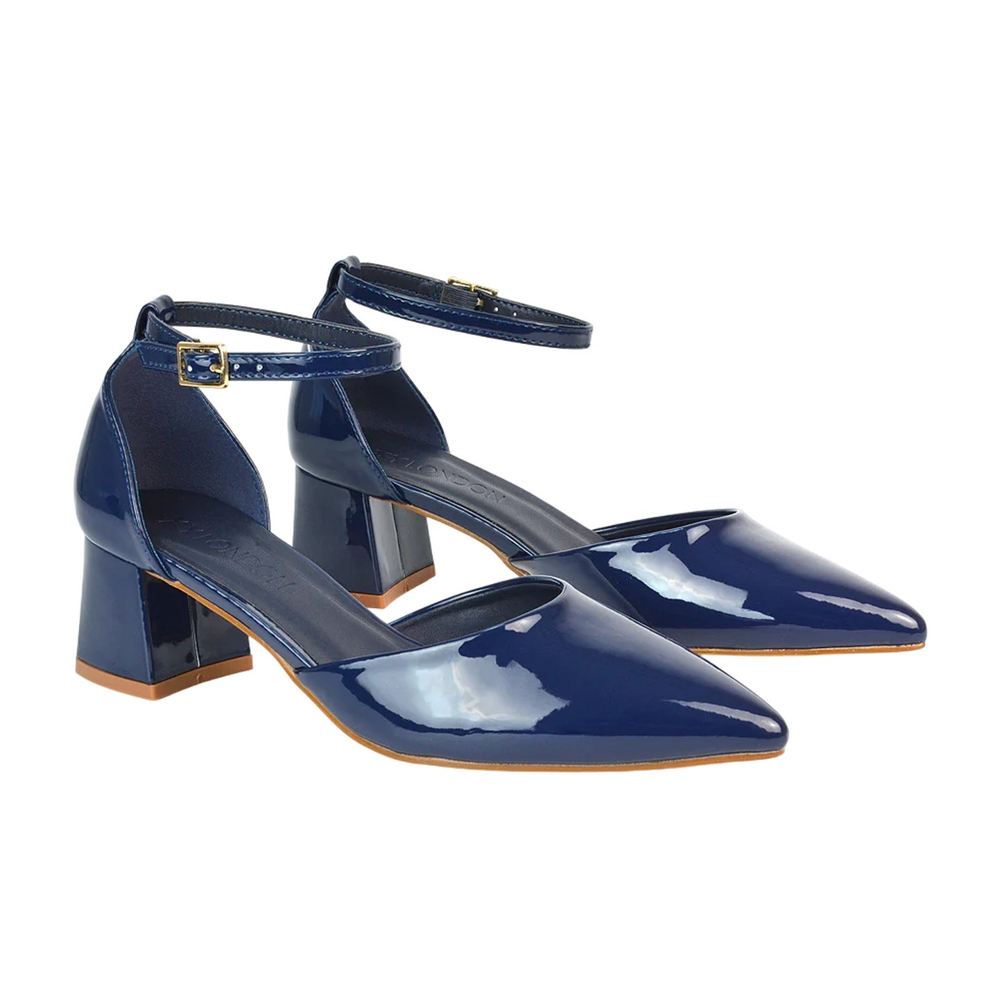 Navy - Pack Shot - XY London Womens-Ladies Evie Ankle Strap Low Block Heel Court Shoes