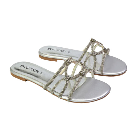 Silver - Front - XY London Womens-Ladies Tiger Diamante Sparkly Flat Sandals