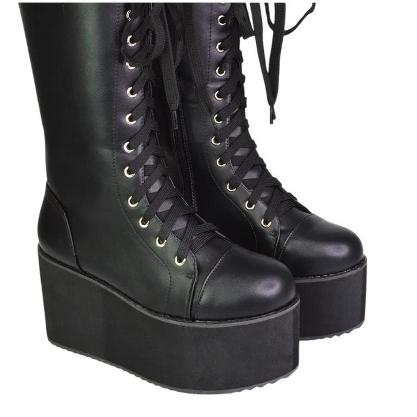 Black - Pack Shot - XY London Womens-Ladies Liz Calf-Length Lace Up High Flatform Biker Boots