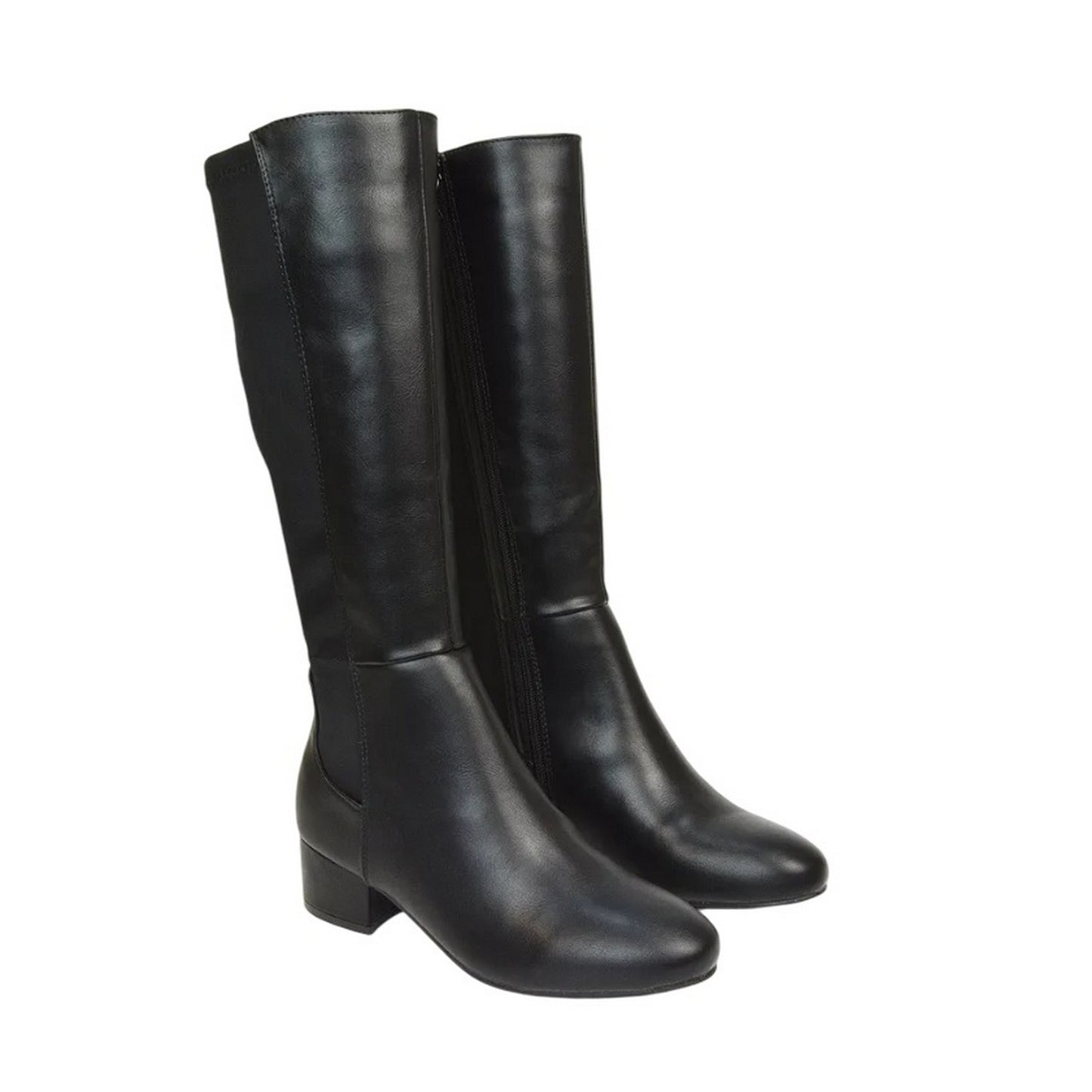 Black - Pack Shot - XY London Womens-Ladies Hannah Zip Elasticated Shaft Low Block Heel Long Boots