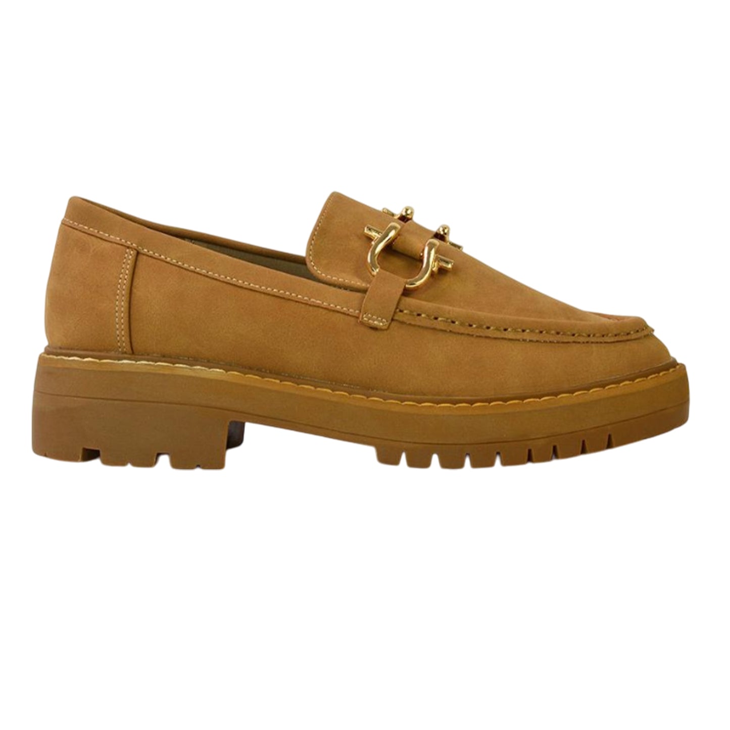 Tan - Pack Shot - XY London Womens-Ladies Riley Buckle Detail Block Heel Loafers