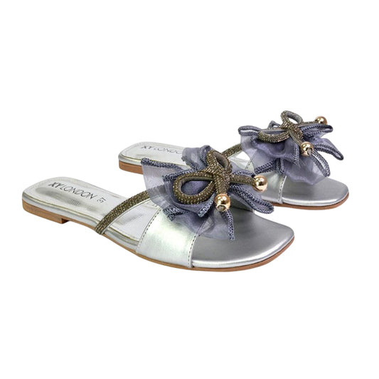 Silver - Front - XY London Womens-Ladies Zendaya Diamante Mesh Bow Flat Sandals