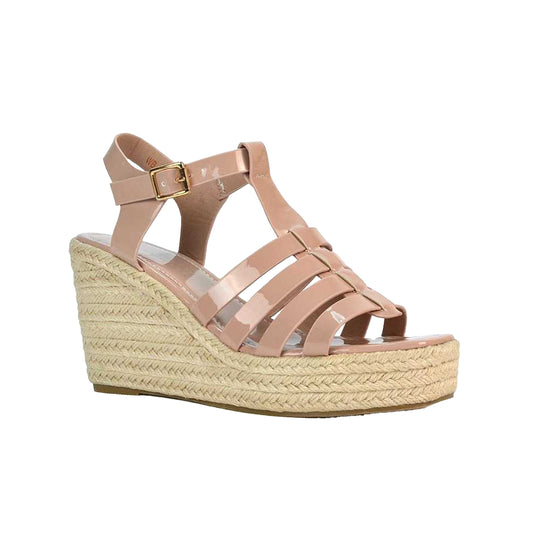 Nude - Front - XY London Womens-Ladies Remi Patent Leather Square Toe Wedge Sandals