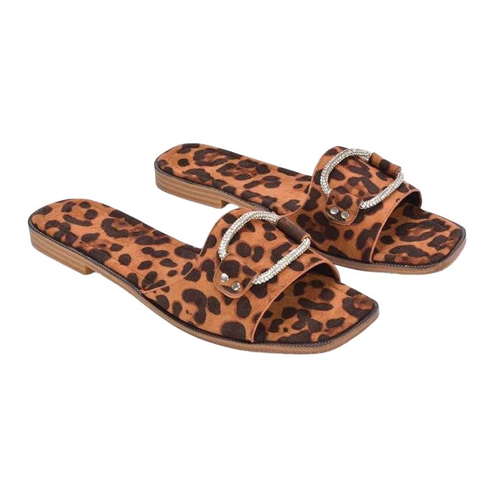 Brown - Pack Shot - XY London Womens-Ladies Annie Leopard Print Diamante Flat Sliders