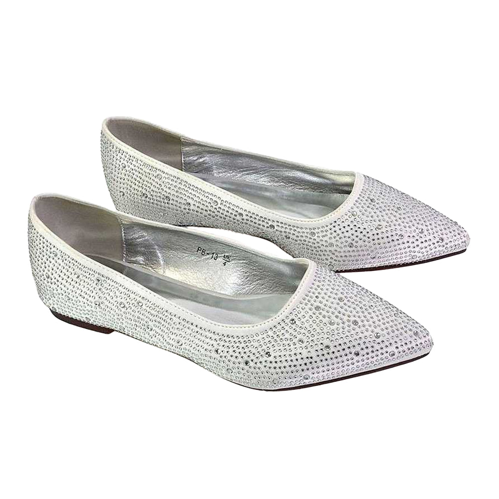 White - Pack Shot - XY London Womens-Ladies Marshall Rhinestone Pointed Flat Ballerina Flats