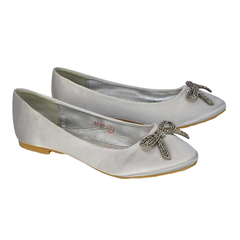 Silver - Lifestyle - XY London Womens-Ladies Rory Diamante Slip-on Bow Ballerina Flats