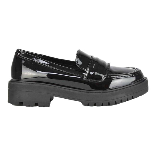 True Black - Front - XY London Womens-Ladies Kourtney Patent Leather Chunky Heel Loafers
