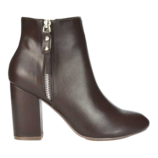 Brown - Front - XY London Womens-Ladies Andrea High Block Heel Ankle Boots
