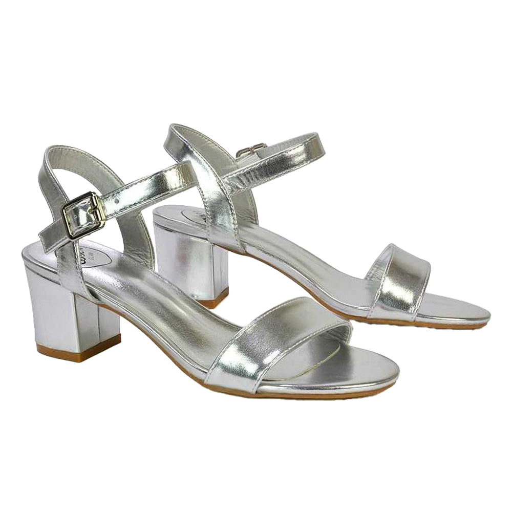 Metallic Silver - Pack Shot - XY London Womens-Ladies Jessica Strappy Metallic Mid High Block Sandals