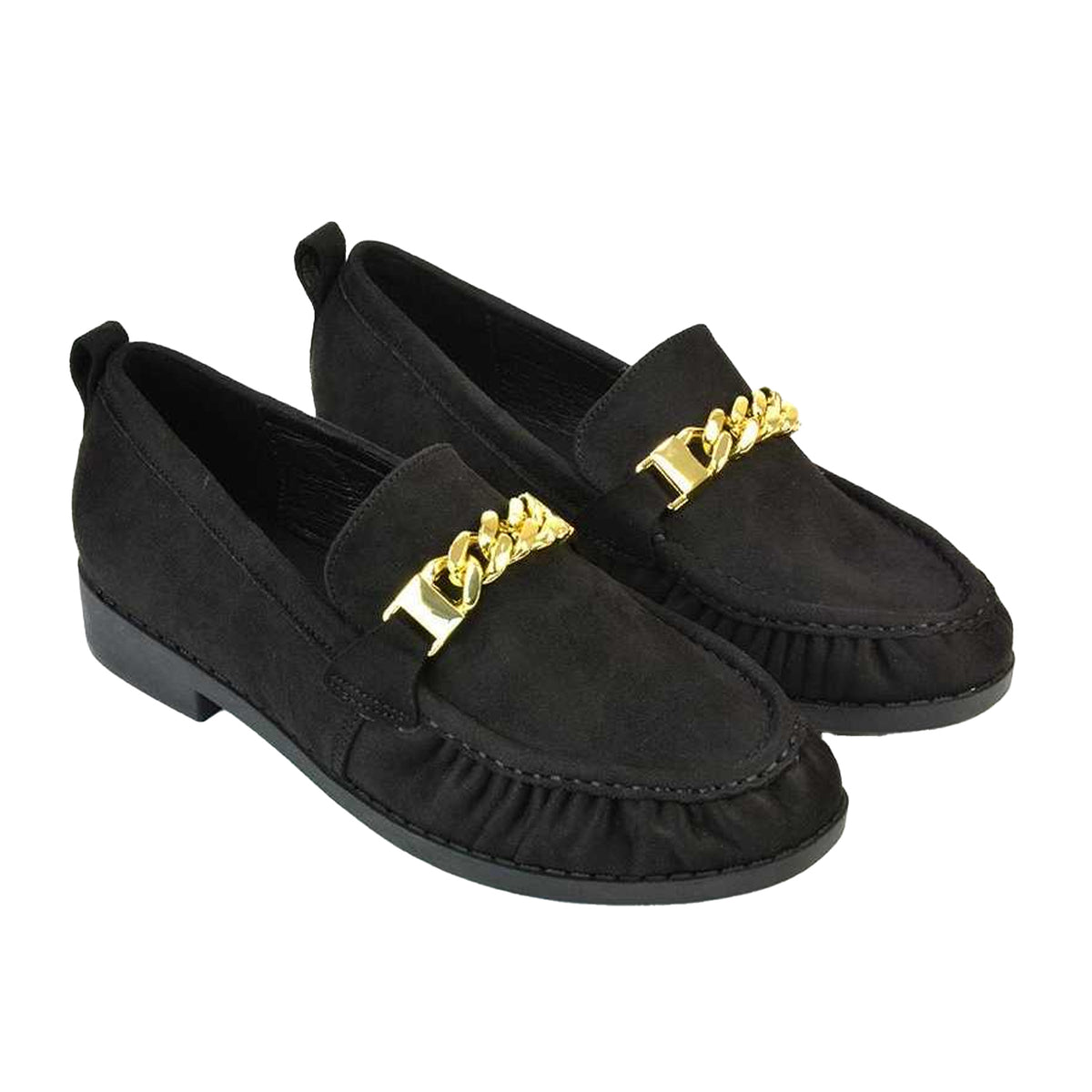 Jet Black - Pack Shot - XY London Womens-Ladies Heidi Chain Detail Ruched Loafers
