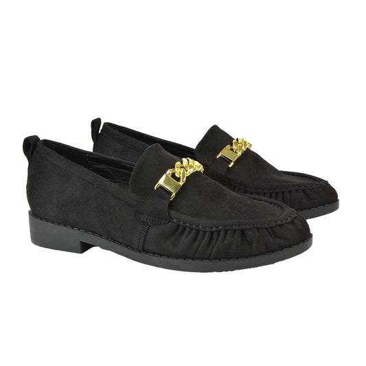 Jet Black - Front - XY London Womens-Ladies Heidi Chain Detail Ruched Loafers