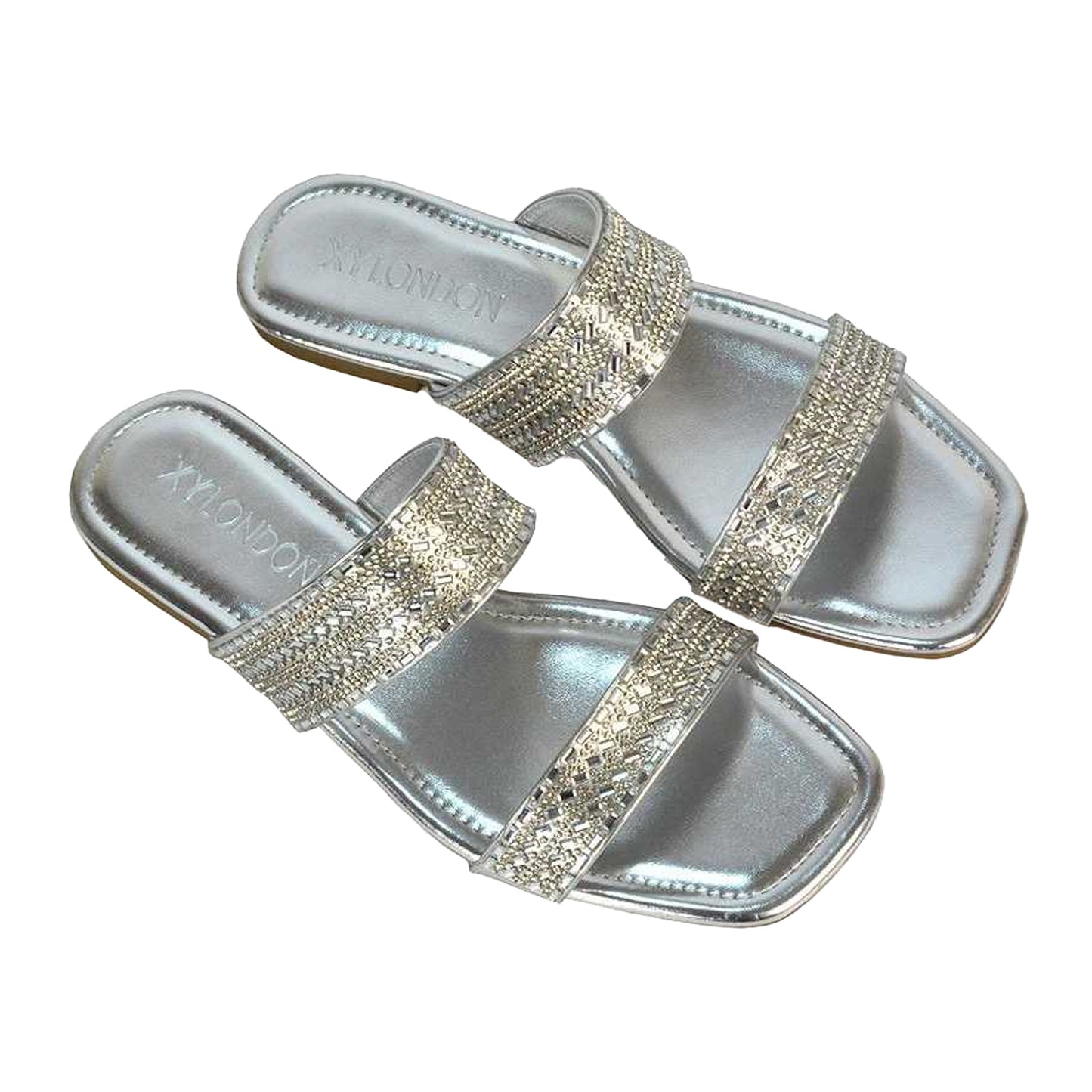 Metallic Silver - Lifestyle - XY London Womens-Ladies Lucy Patent Rhinestone Flat Mule Sandals