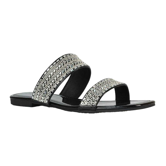 True Black - Front - XY London Womens-Ladies Lucy Patent Rhinestone Flat Mule Sandals