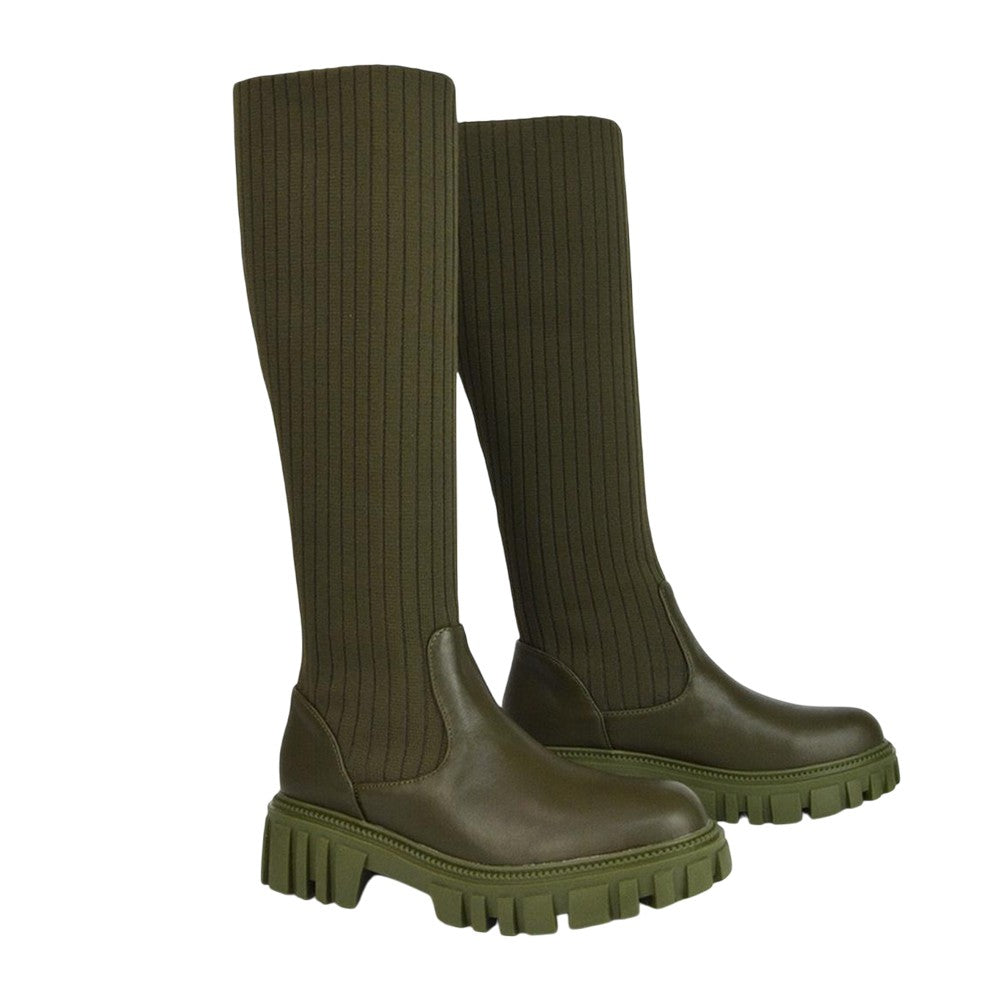 Khaki - Lifestyle - XY London Womens-Ladies Kristen Chunky Knitted Sock Knee-High Boots