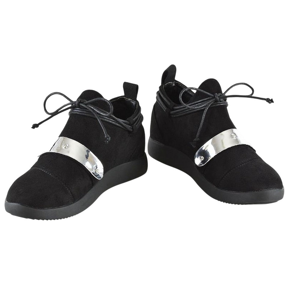 Jet Black - Pack Shot - XY London Womens-Ladies Evanescence Metallic Detail Lace Up Flat Trainers