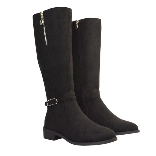 Jet Black - Front - XY London Womens-Ladies Georgina Zip Knee-High Low Heel Biker Boots